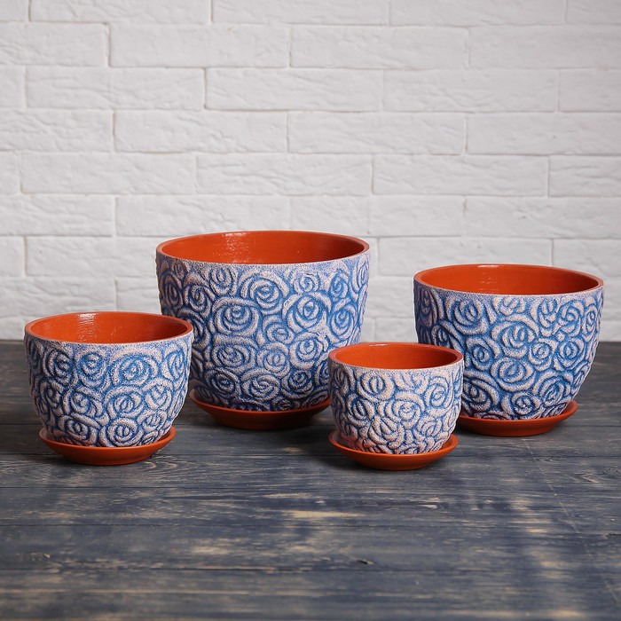 Набор кашпо 4 шт. "Розы" глазурь, лазурь 4 л/ 3 л/ 2 л/ 1 л