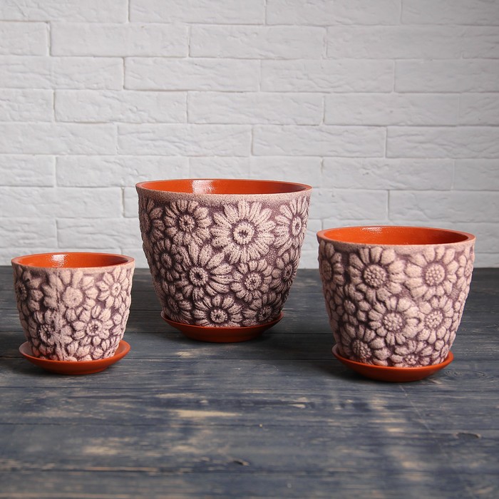 Набор кашпо 3 шт. "Гербера" чернослив, глазурь 3,5 л/ 2 л/ 1 л