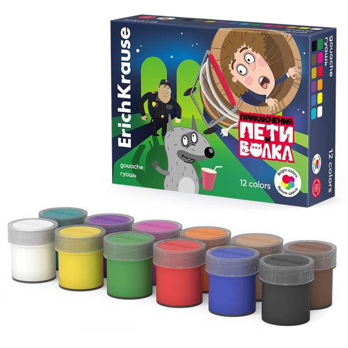 Гуашь 12 цветов по 20 мл ErichKrause Приключения Пети и Волка в коробке 356₽