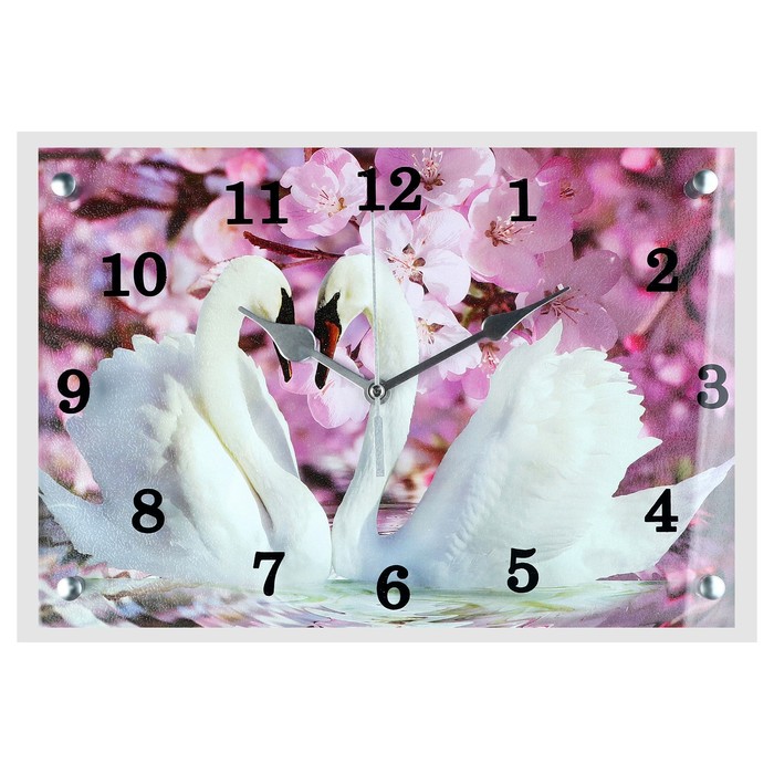 Часы-картина настенные, серия: Животный мир, Два лебедя, сиреневые цветы, 25х35 см