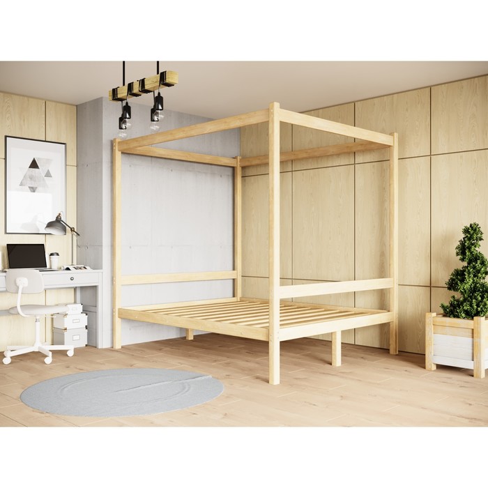Двуспальная кровать «Лео» с каркасом под балдахин, 140×190 см, массив сосны, без покрытия