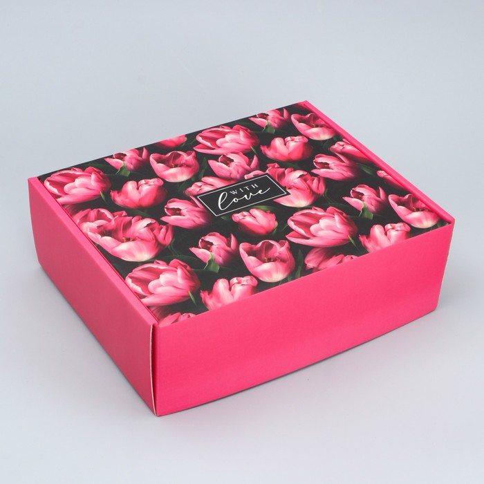 подарочная коробка двусторонняя цветы 27 х 21 х 9 см Коробка подарочная складная, упаковка, «Тюльпаны», 27 х 21 х 9 см