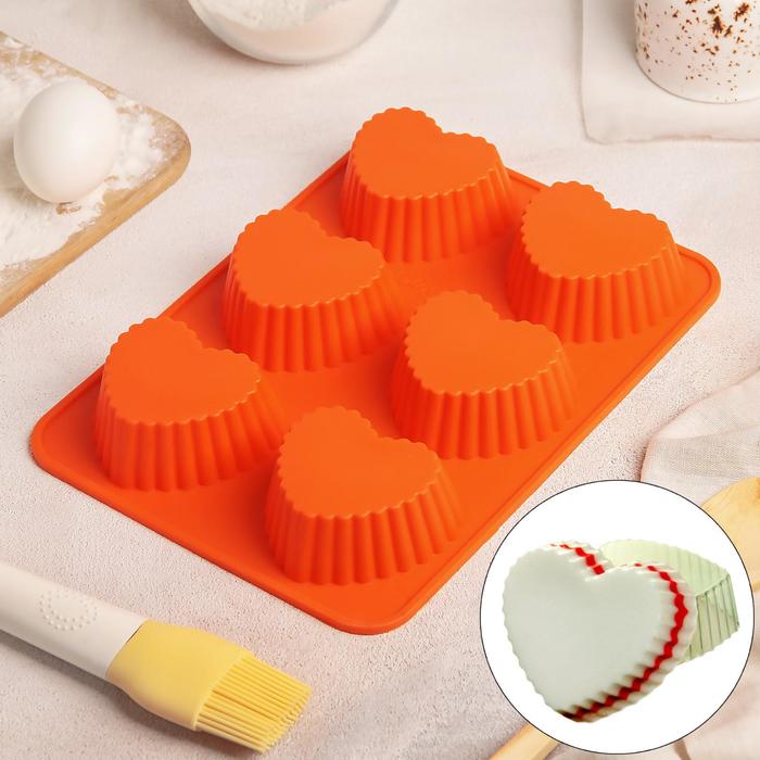 Форма для выпечки, 6 ячеек, 24х18х4 см "Сердце. Риб", цвета МИКС