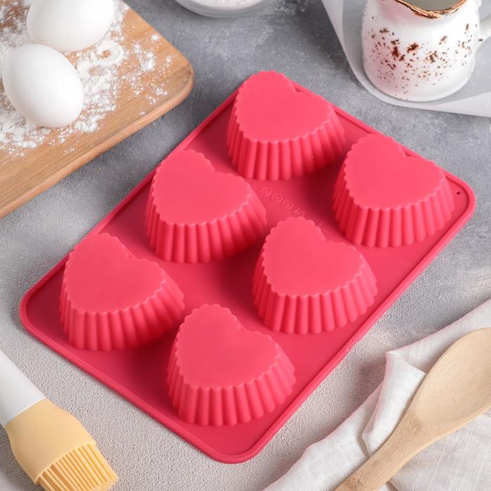 Форма для выпечки, 6 ячеек, 24х18х4 см "Сердце. Риб", цвета МИКС