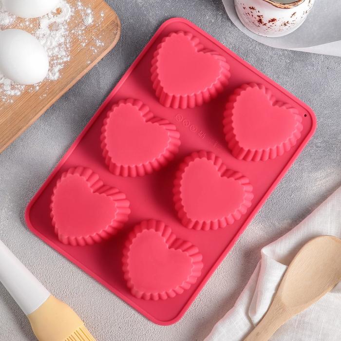 Форма для выпечки, 6 ячеек, 24х18х4 см "Сердце. Риб", цвета МИКС