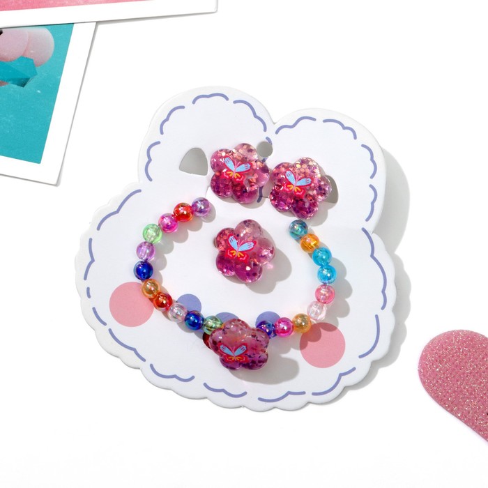 Набор детский Выбражулька 3 предмета: клипсы, браслет, кольцо, цветы и бабочки, цветной