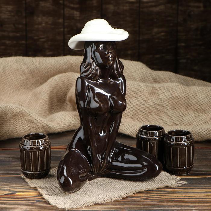 Штоф с рюмками "Пляжница", шляпка белая, чёрная, 4 предмета, 0,7 л