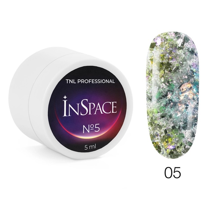 Гель для дизайна ногтей TNL Professional InSpace, светоотражающий, с голографическим глиттером, №05 металлическая и