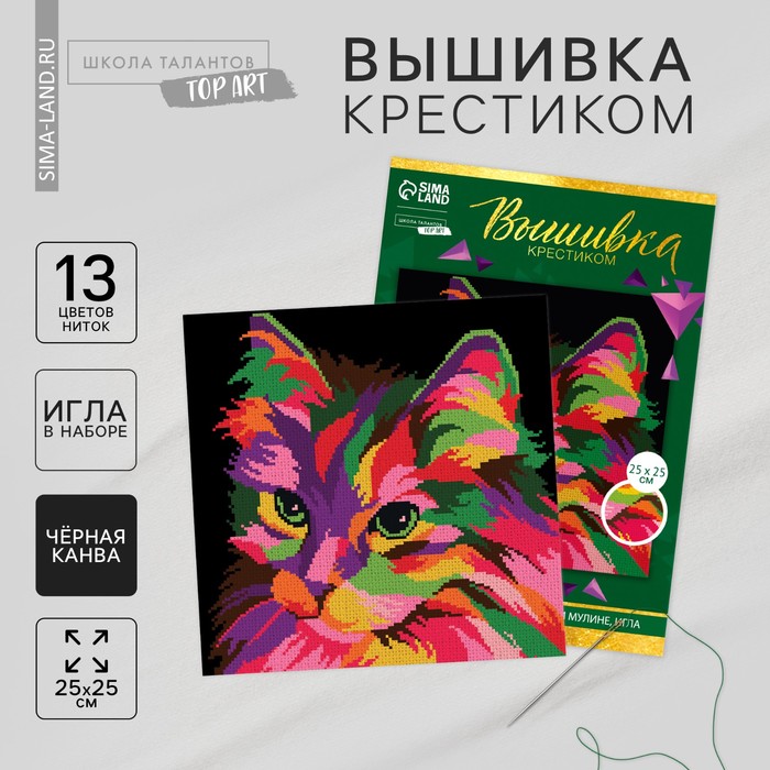 

Вышивка крестиком на чёрной канве «Разноцветный кот», 25 х 25 см