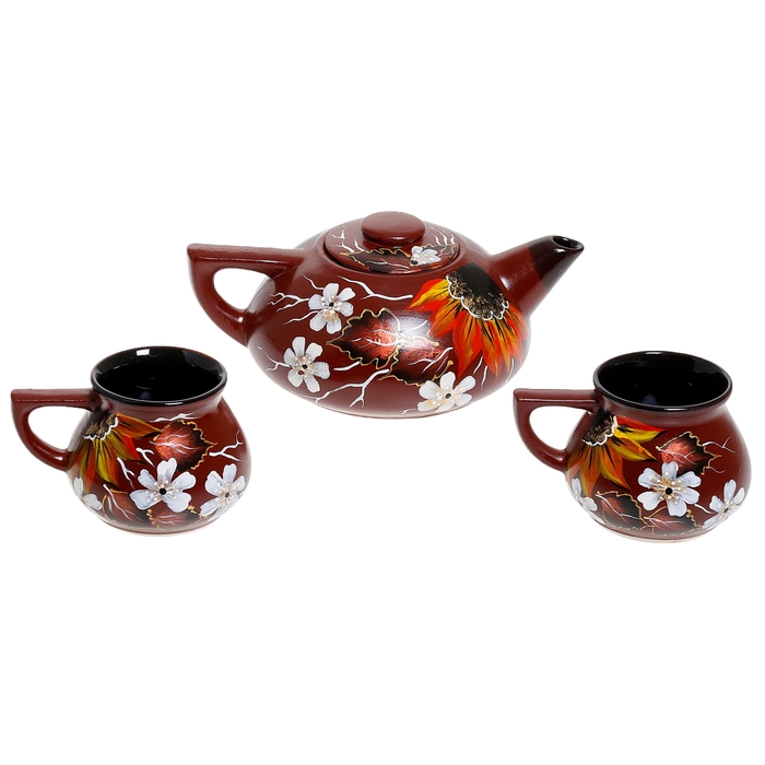 Набор чайный "Подсолнух" коричневая глазурь, 3 предмета, 1 л/ 0,3 л