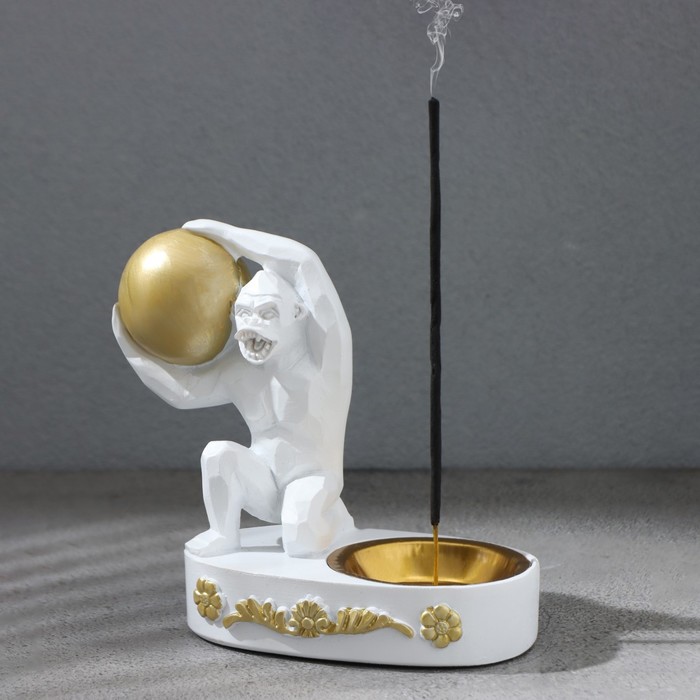 Курильница Обезьяна с шаром стоящая, белая белая обезьяна