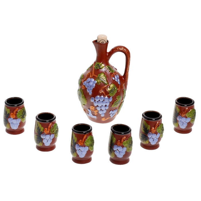 Штоф с рюмками "Лоза" коричневая глазурь, сиреневый виноград, 7 предметов, 0,7 л