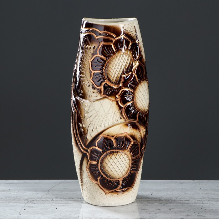 Ваза "Феникс" средняя, широкая, цветы, коричнево-золотая, микс