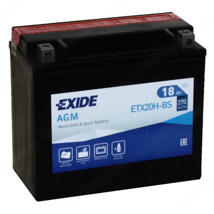 Аккумуляторная батарея Exide 18 Ач, ETX20H-BS, прямая полярность exide автомобильный аккумулятор exide 95 ач прямая полярность d31r