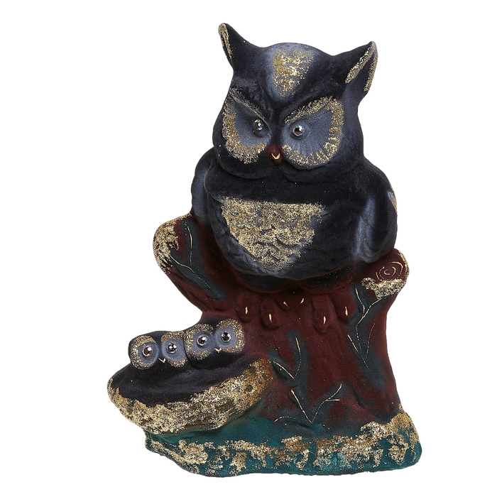 Копилка "Сова с совятами" чёрная, флок