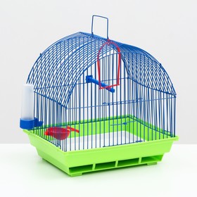 Клетка для птиц малая, полукруглая крыша (поилка, кормушка, жердочка, качель)35х28х37см микс Ош