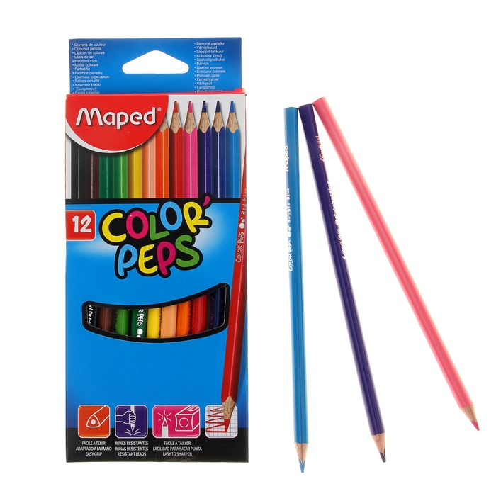 Карандаши трёхгранные 12 цветов, Maped Color Peps, европодвес карандаши цветные maped color peps pastel 12 цветов