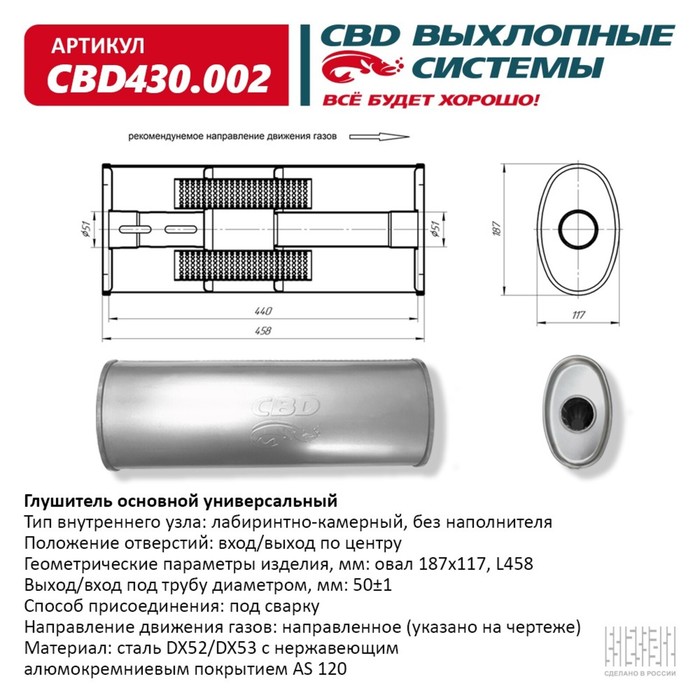 

Глушитель основной универсальный CBD430.002, нерж. сталь, овал D187х117, L458, вход/выход прямой