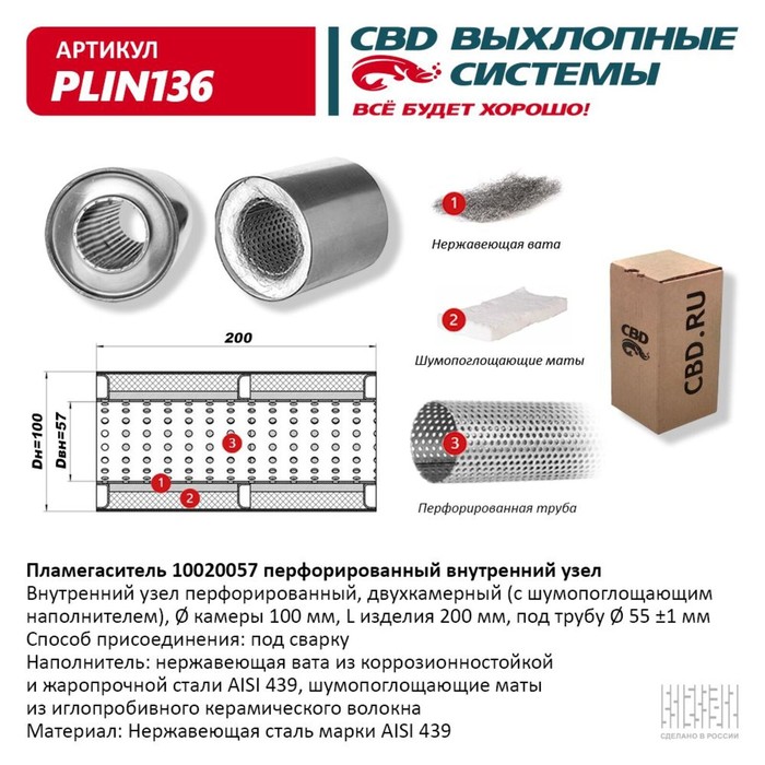 

Пламегаситель 10020057, перфорированный внутр. узел, 100 х 200 х 57, нерж.сталь