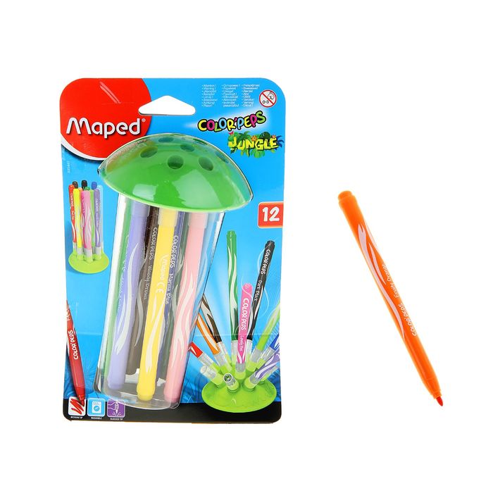 Фломастеры 12 цветов JUNGLE INNOVATION, утолщенные, смываемые, на подставке, блистер