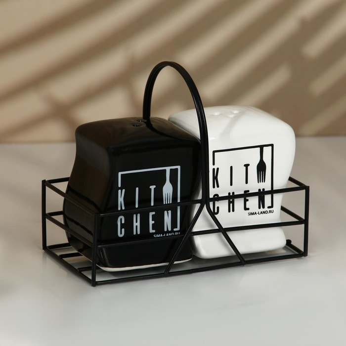 Набор керамический для специй на металлической подставке Kitchen, 2 шт, цвет белый-чёрный набор для специй рондо презент 3 шт на подставке с салфетницей цвет чёрный