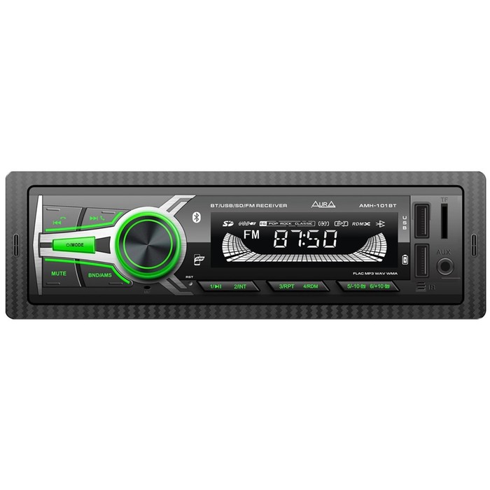 Автомагнитола AURA MP3/WMA AMH-101BT, Bluetooth, 2xUSB/micro SD, FLAC, зелёная