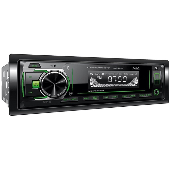 Автомагнитола AURA MP3/WMA AMH-204BT, Bluetooth, 2xUSB/micro SD, FLAC, зелёная