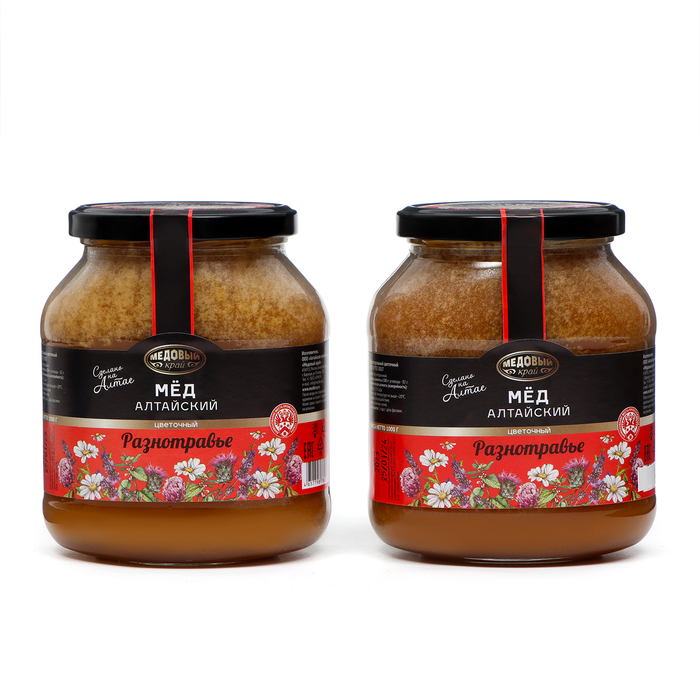 Мёд алтайский Разнотравье натуральный цветочный, 2 банки по 1000 г мёд натуральный цветочный приволжское разнотравье ст б 320 г медовый дом