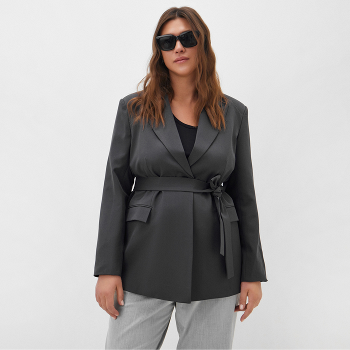Пиджак женский с поясом MIST plus-size, р.60, серый пиджак женский с поясом mist plus size р 56 розовый