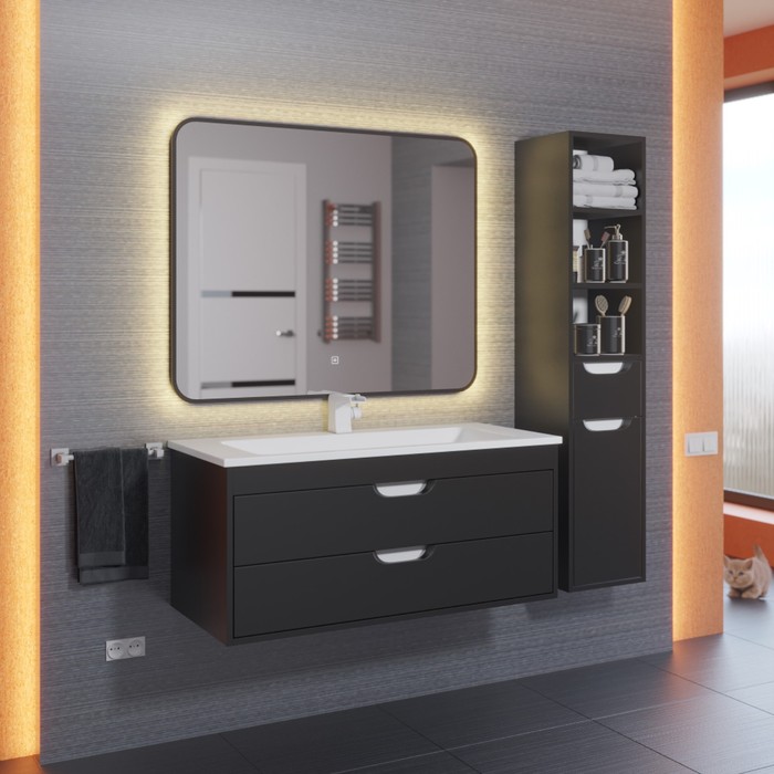 

Зеркало для ванной Uperwood Modul, 80х80 см, сенсорная кнопка, черное, теплая подсветка