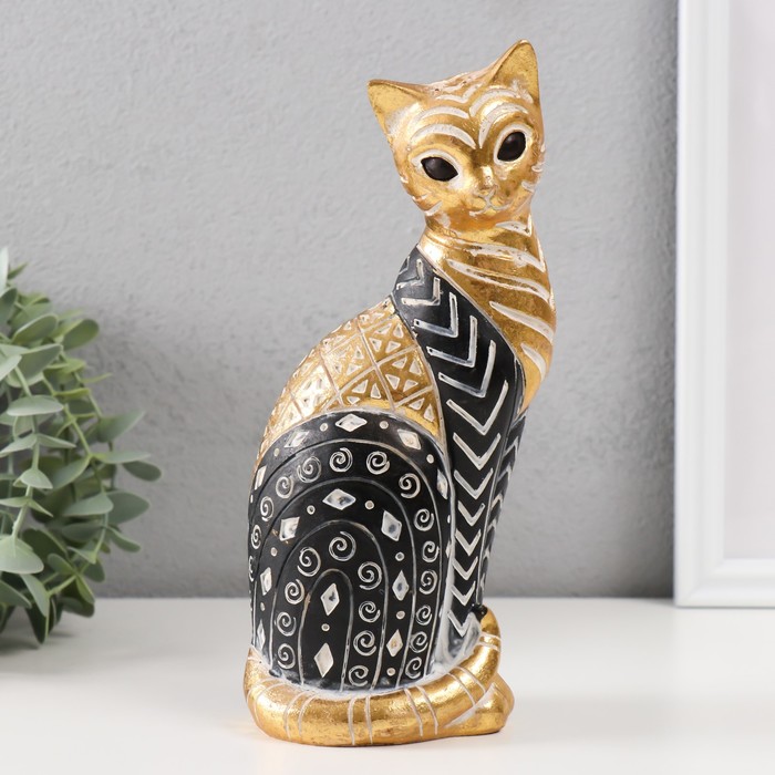 Сувенир полистоун Кошка с узорами, сидит золото с чёрным 10,5х8х22 см