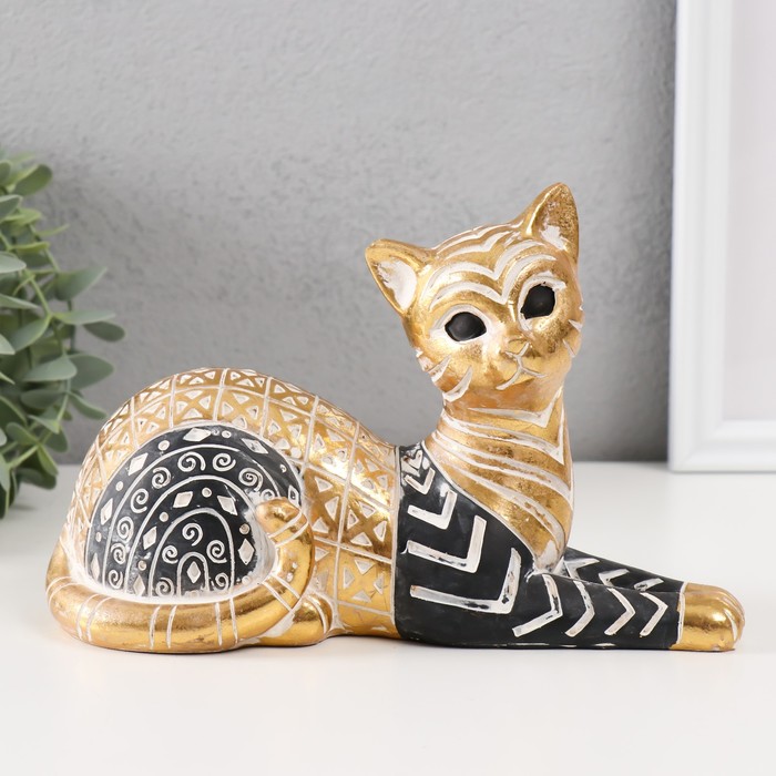 Сувенир полистоун Кошка с узорами, лежит золото с чёрным 21х9х13 см