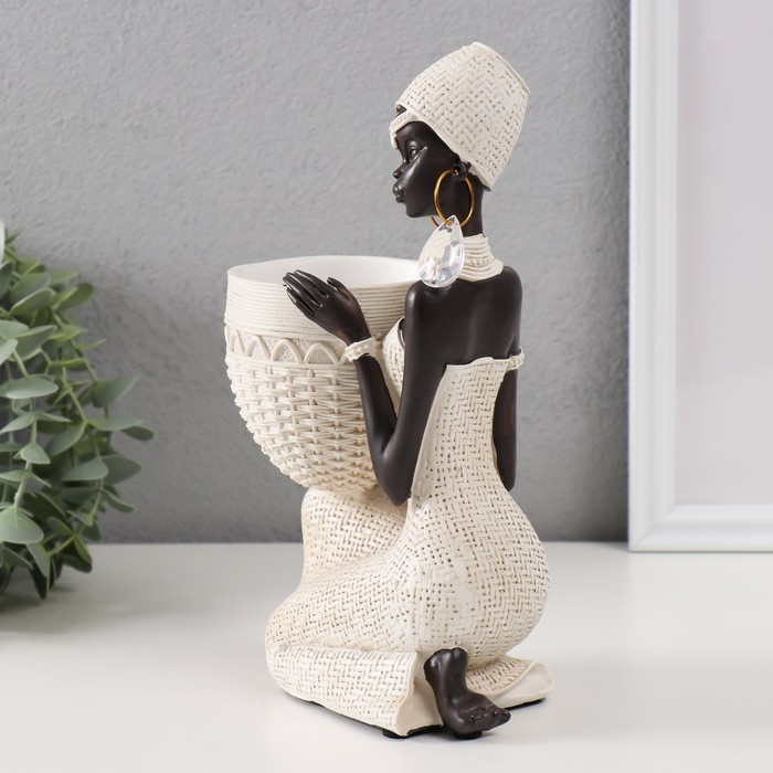 

Сувенир полистоун подставка "Африканка сидит, с плетёным кашпо" белый 14х9х24 см