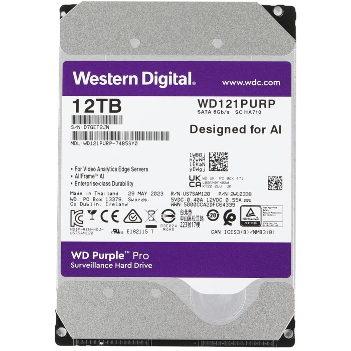 Жесткий диск WD SATA-III 12TB WD121PURP Surveillance Purple Pro (7200rpm) 256Mb 3.5 жесткий диск wd sata iii 18tb wd181purp surveillance purple pro 7200rpm 512mb 3 5