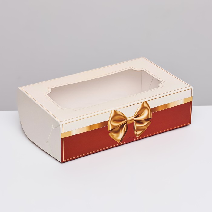 кондитерская складная коробка под зефир крафт 25 х 15 х 7 см Коробка складная с окном под зефир Золотой бант, 25 х 15 х 7 см