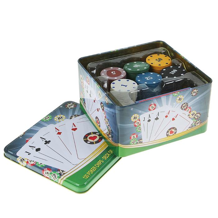 Покер, набор для игры (карты 54 шт, фишки 120 шт.), с номиналом, 15 х 15 см, микс