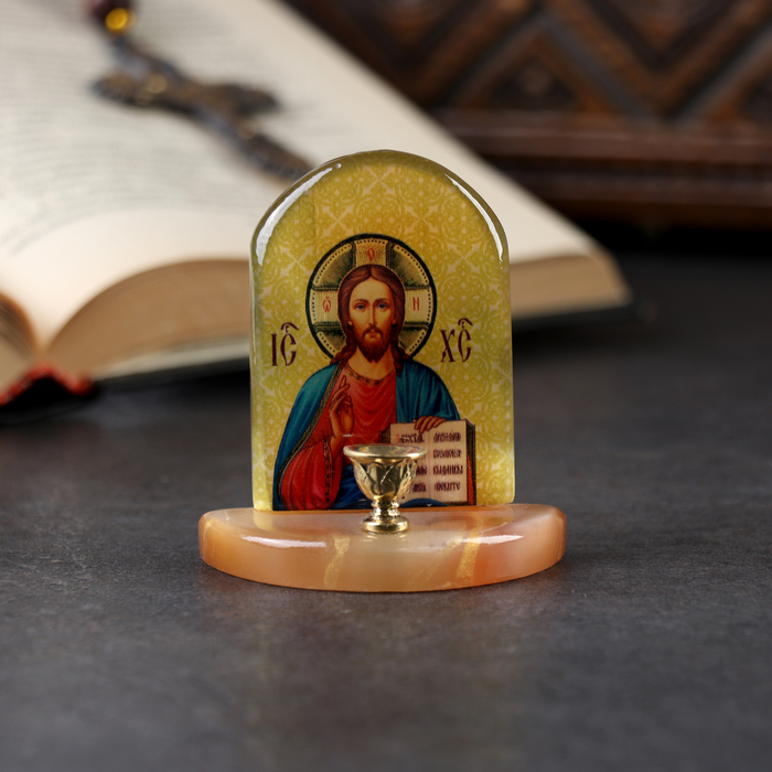Икона с подсвечником Иисус Христос, селенит икона овал на поставке с фономсвятая троица селенит