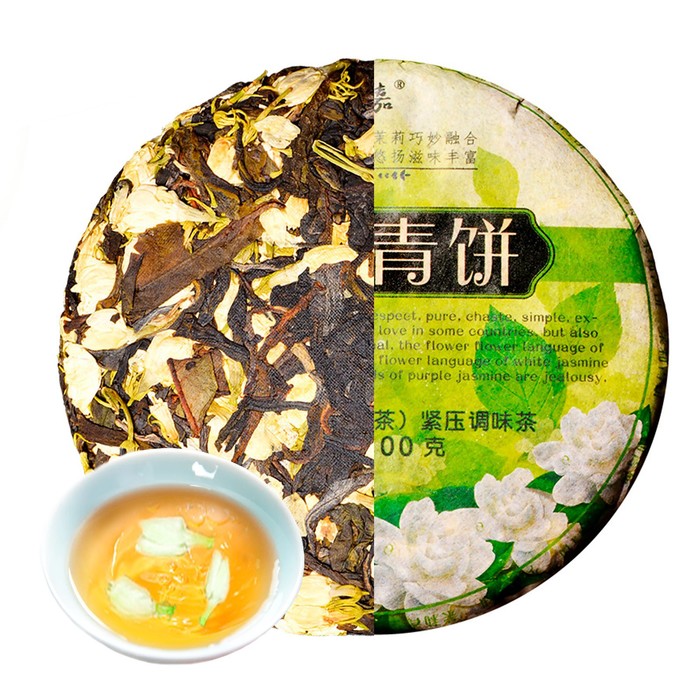 фото Китайский выдержанный чай "шен пуэр. зелёный жасмин" 100 г, 2022 г, юннань, блин джекичай