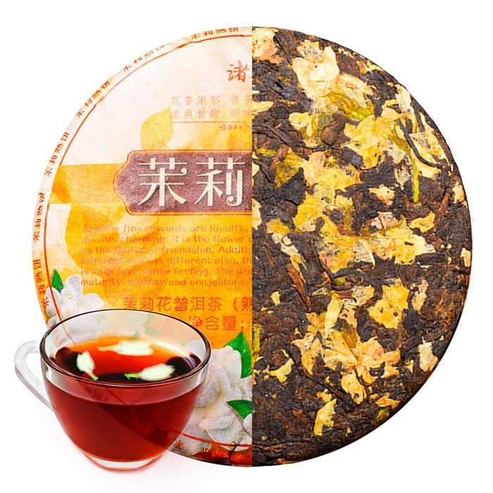 Китайский выдержанный чай Шу Пуэр. Жасмин, 100 г, 2022 г, Юннань, блин пуэр шен нанешань 2021 г блин 100 г