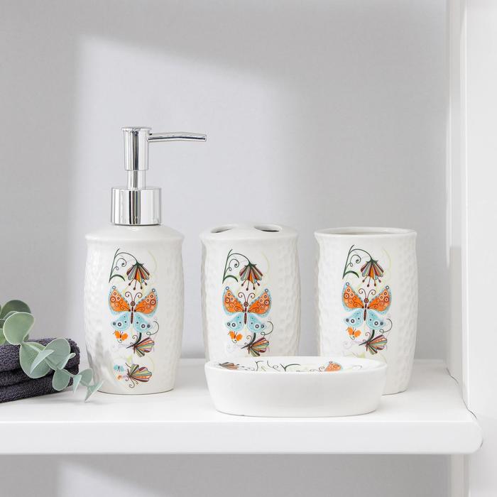 Набор аксессуаров для ванной комнаты Долян Осенняя бабочка, 4 предмета дозатор 250 мл, мыльница, 2 стакана