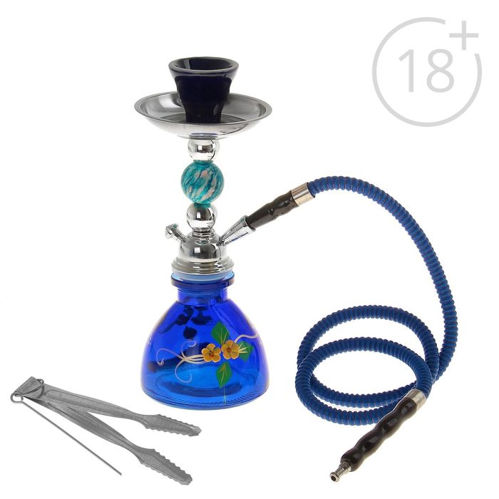 Кальян "Цветение", 26 см, 1 трубка, колба-ваза с цветами, синяя, шахта хром