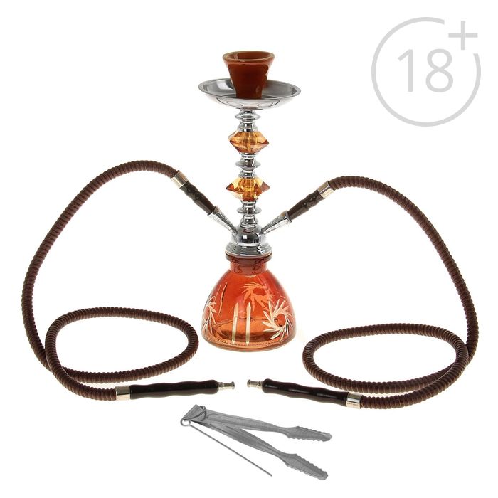 Кальян "Пирамида", 36 см, 2 трубки, колба-ваза резная, коричневая, шахта хром