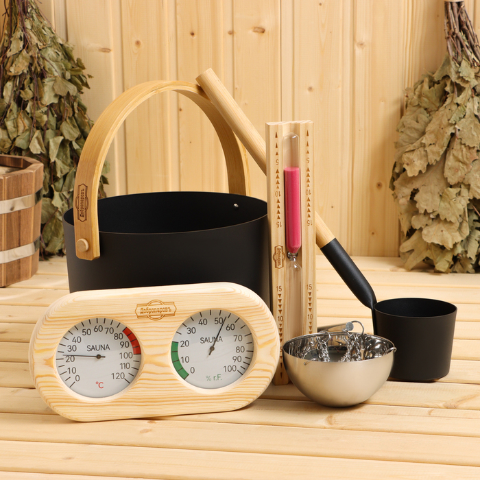 Набор для бани 5 в 1: ведро 7 л, ковш, песочные часы, термометр-гигрометр, аромачаша 400 мл цена и фото