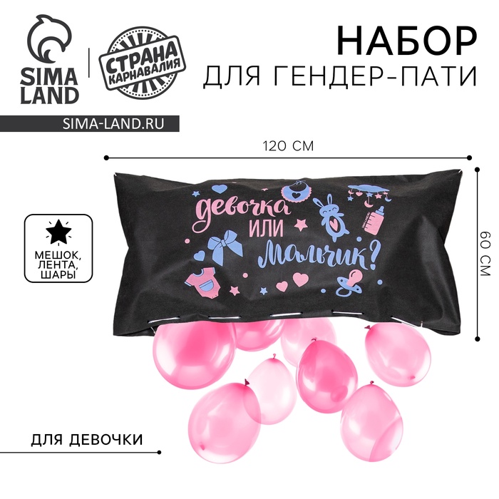 

Набор Гендер-Пати: пакет для сброса шаров (120 х 60 см), шары, лента. Для девочки
