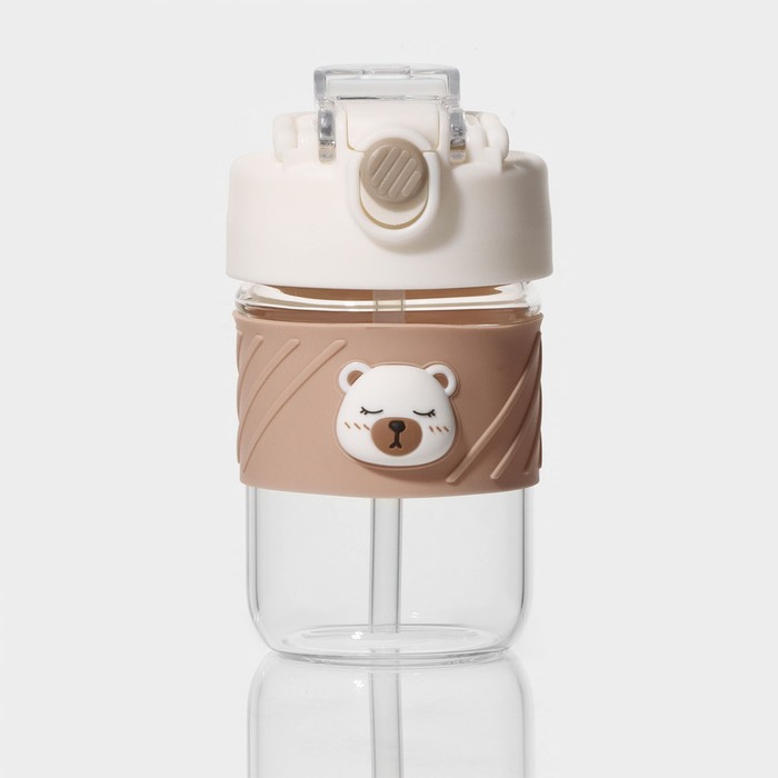 Бутылка для воды стеклянная, с крышкой и трубочкой «Бьорн», 400 мл, цвет бежевый