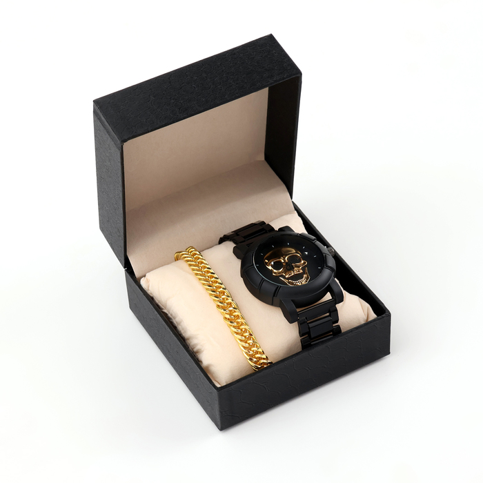 Мужской подарочный набор Череп 2 в 1: наручные часы, браслет подарочный набор единороги 5 в 1 наручные часы 2 резинки 2 невидимки