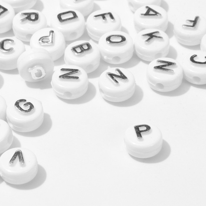 

Бусина из акрила «Буквы английские», 10×6 мм, набор 10 г, цвет серебро