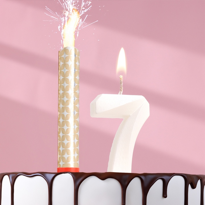 Свеча в торт Грань + фонтан, цифра 7, жемчужный, 6,5 см