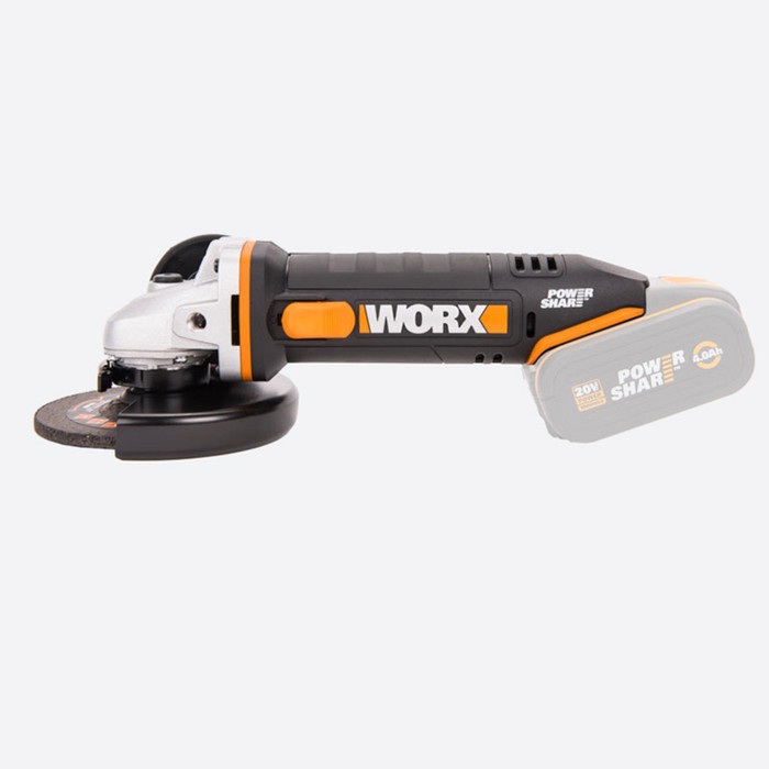 Угловая шлифмашина аккумуляторная WORX WX803.9, 20 В, d=125 мм, М14, БЕЗ ЗУ и АКБ, кейс угловая аккумуляторная шлифмашина worx wx812 бесщеточная 20 в 125 мм без акб и зу