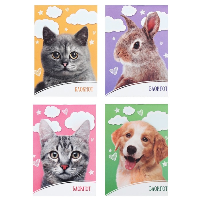 

Набор блокнотов А6, 24 листа в клетку на скрепке "Домашние животные", обложка мелованный картон, блок офсет, 4 штуки